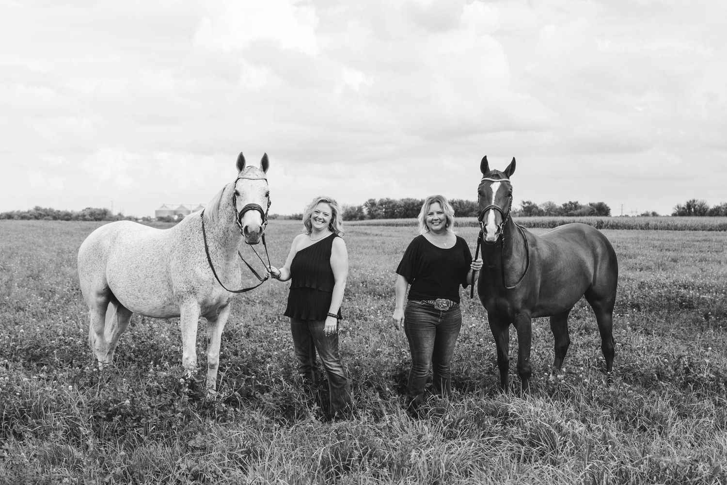 Black and white photo series showing horses and their handlers standing in a field at different angles and distances.