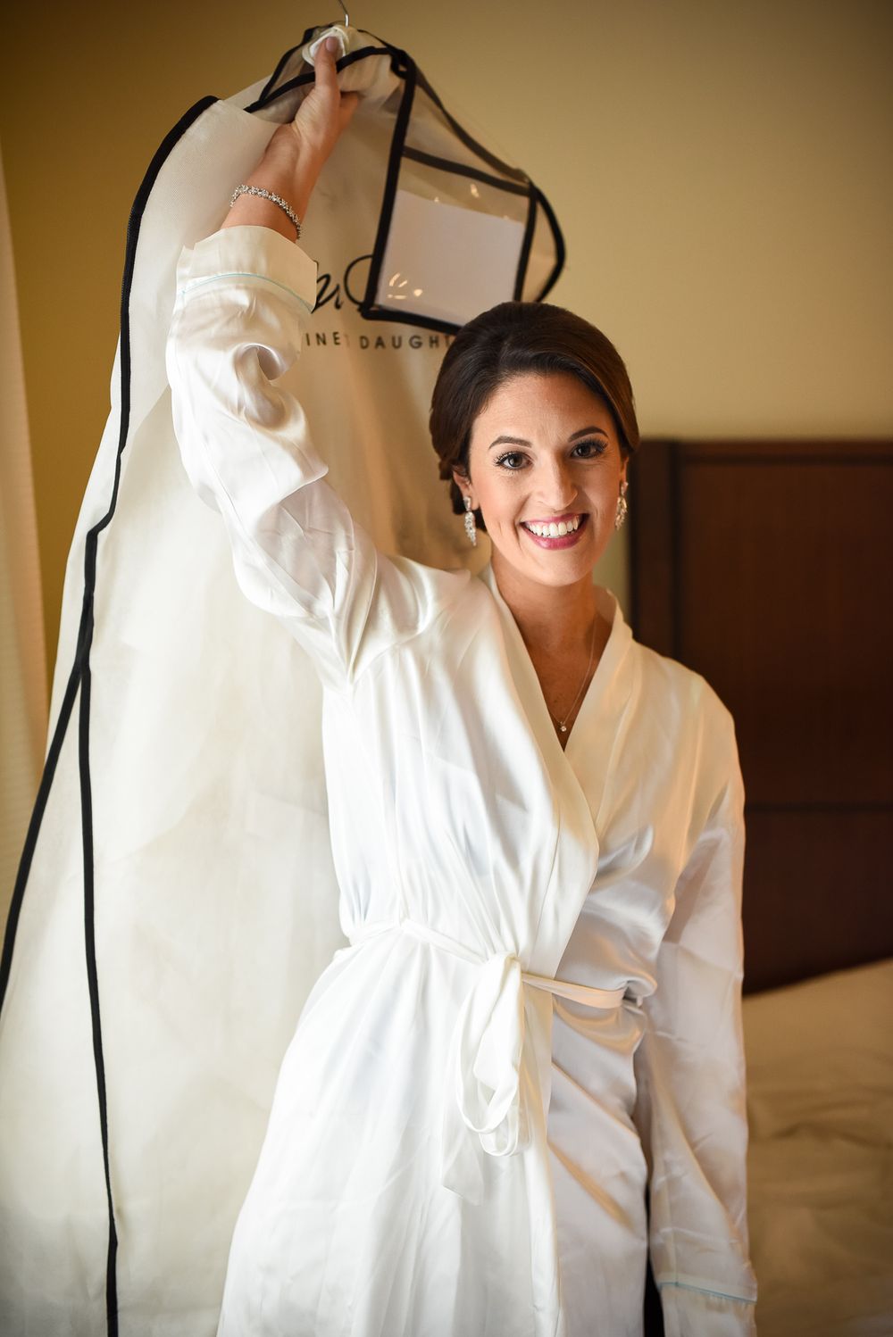 Sequence of photos showing someone in white robe preparing for a wedding in warm indoor setting.