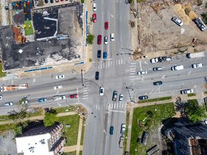 Drone photo of intersection with cars