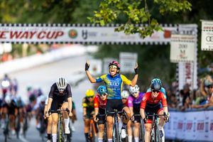 Bike race womens winner celebration