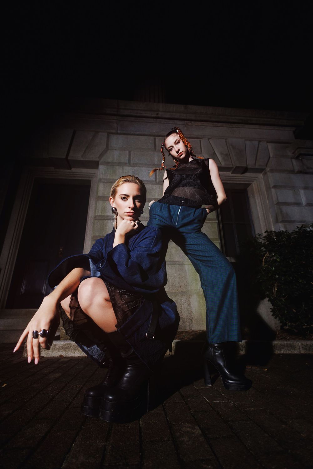 A series of dark moody fashion photographs showing dramatic poses against a nighttime exterior wall.