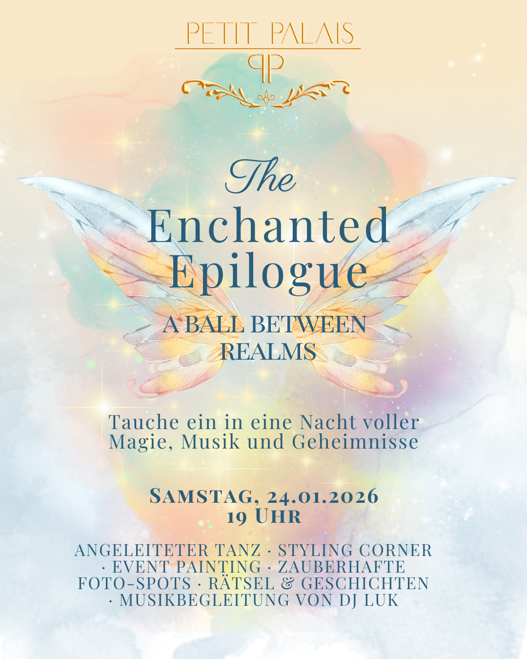 Three ethereal fantasy book cover designs with gold wings and text against misty blue backgrounds.
