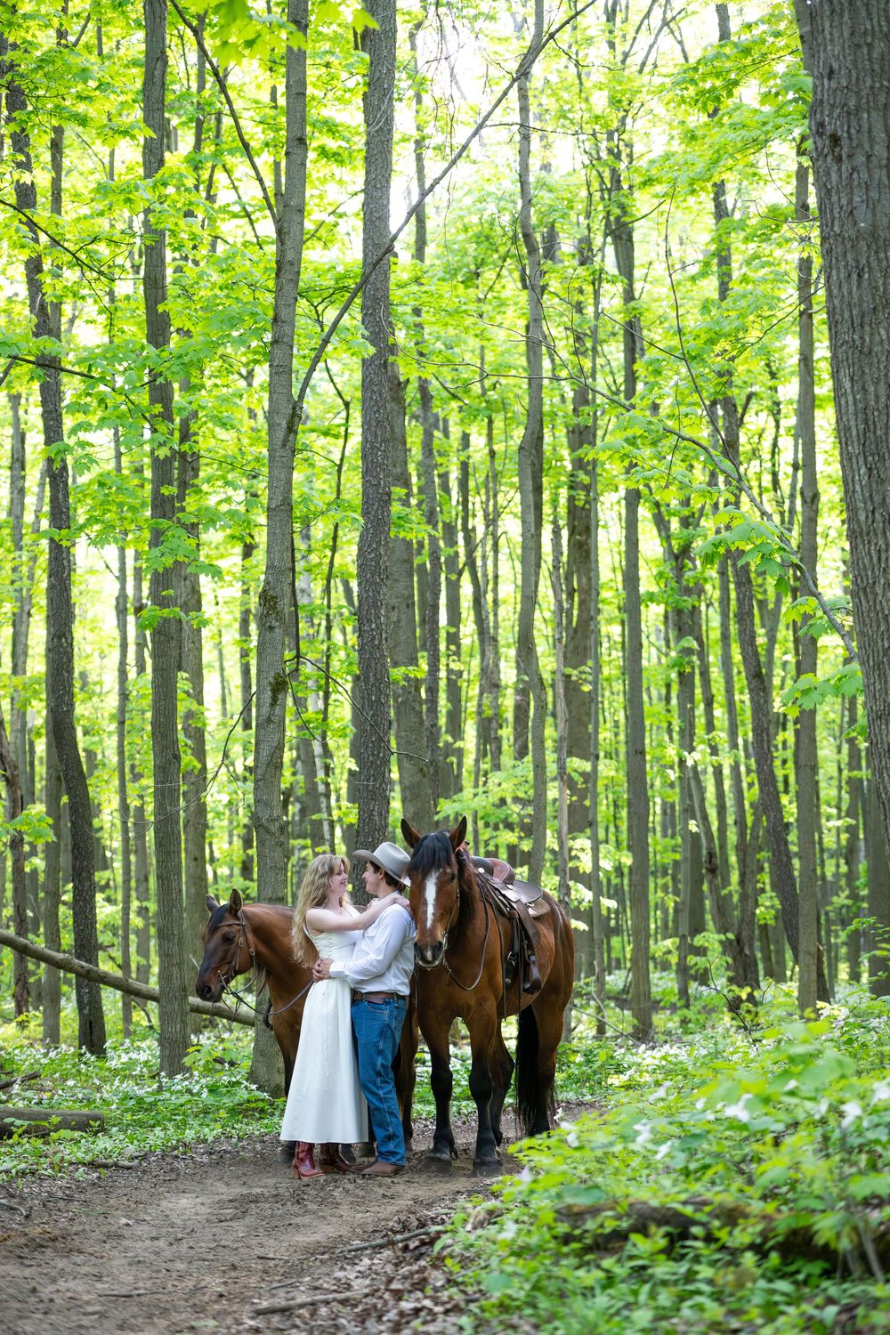 In a lush green forest, people and horses stand together beneath tall trees creating a peaceful woodland scene.