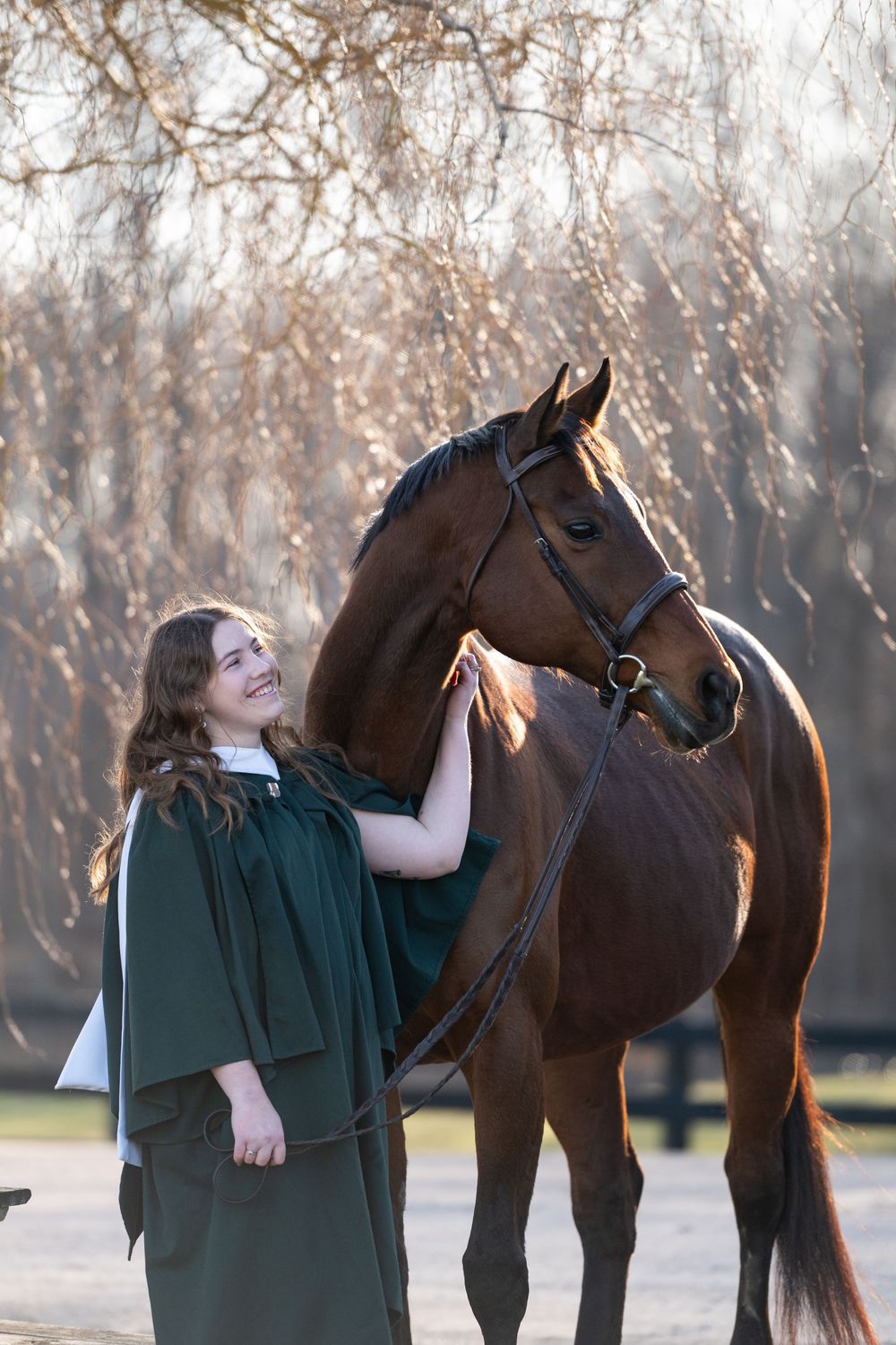 Multiple shots capturing tender moments between a person wearing dark green and their brown horse against a winter backdrop.