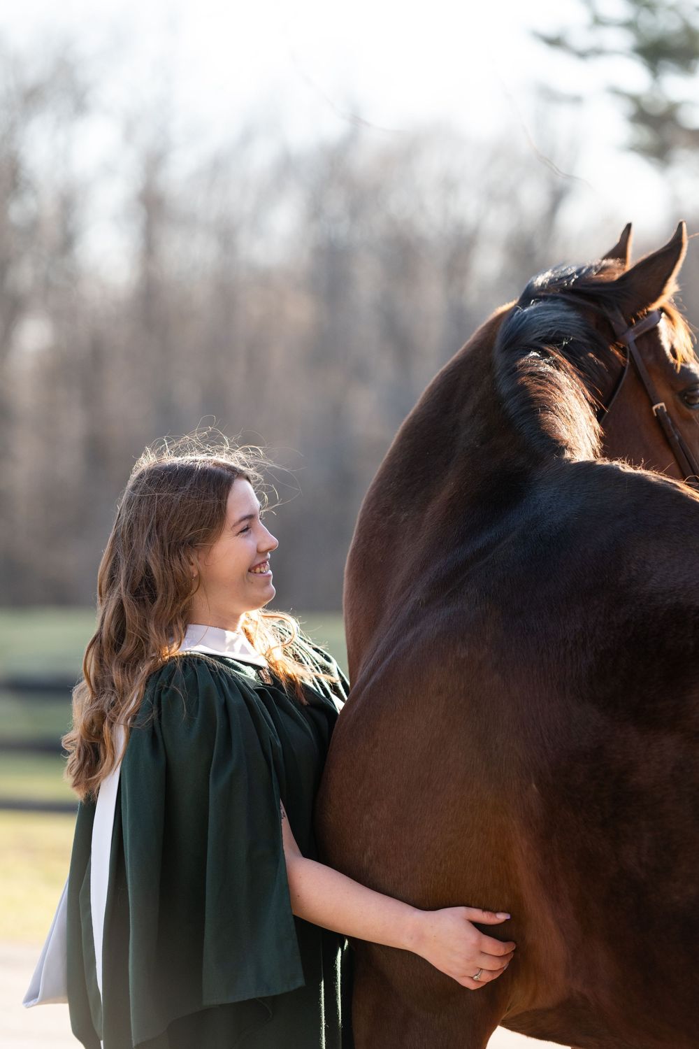 A tender moment between a person in a green top and a beautiful brown horse on a sunny fall day.