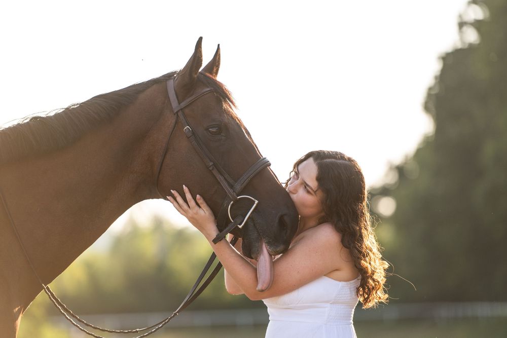 Woman in white dress shares tender moment with brown horse during golden hour sunset photoshoot.