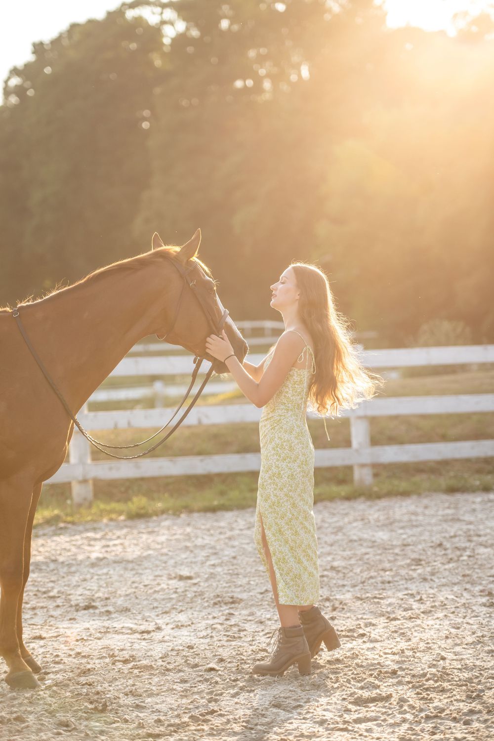 A person in a yellow dress interacts playfully with a dark horse in a sunlit paddock with white fencing.