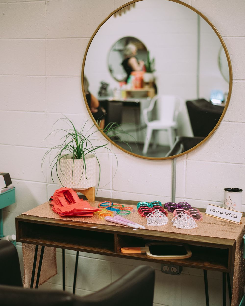 Princess birthday party setup at a salon with earthy decor