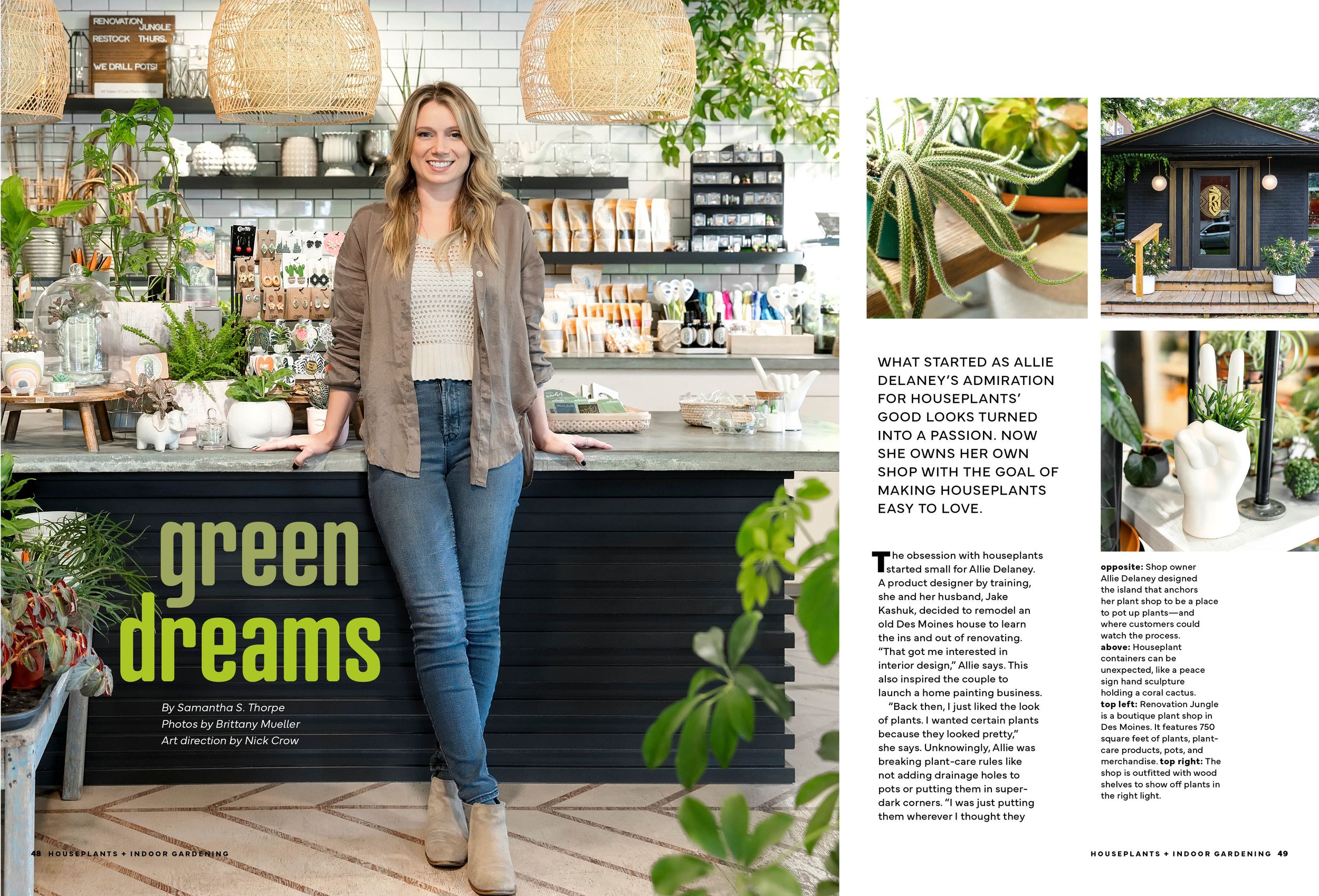 Editorial spread showcasing indoor plant arrangements and garden retail spaces.