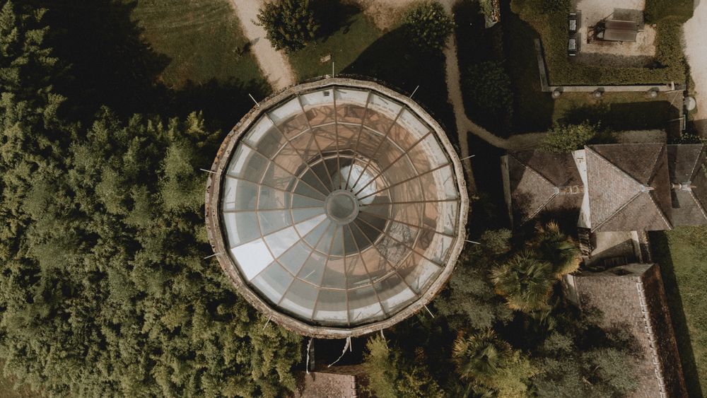 aerial view of the renaissance tower at chateau de Vallery, burgundy, France