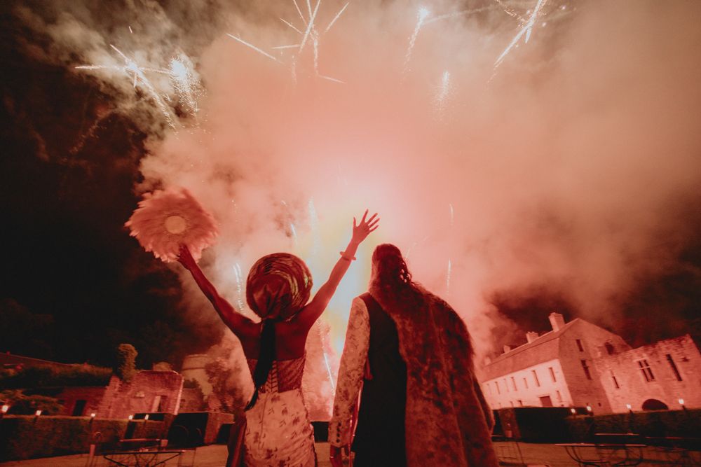 Night photography of fireworks display at Chateau de Vallery wedding