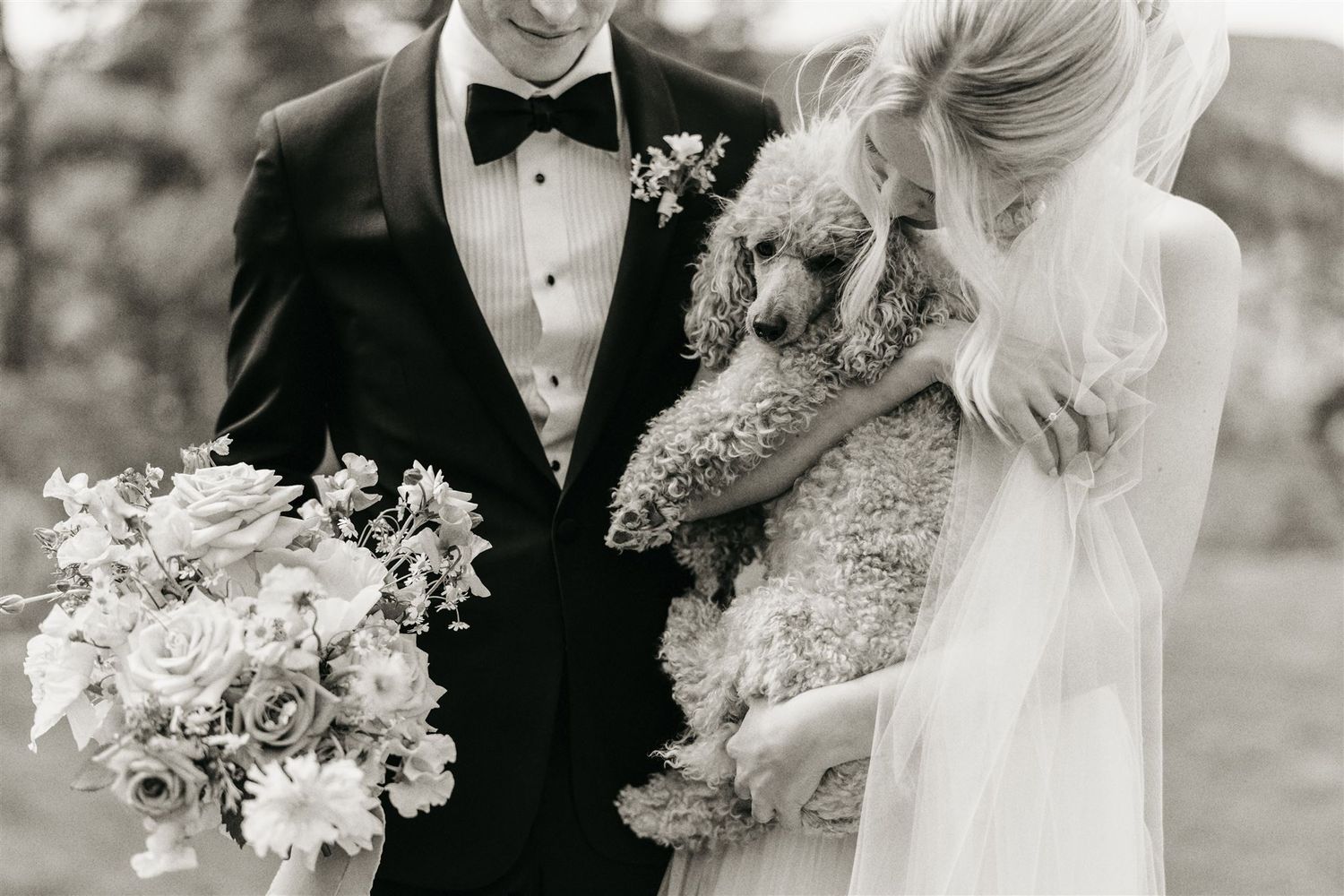 Wedding couple holding bouquet and their beloved pet dog during outdoor portrait session.