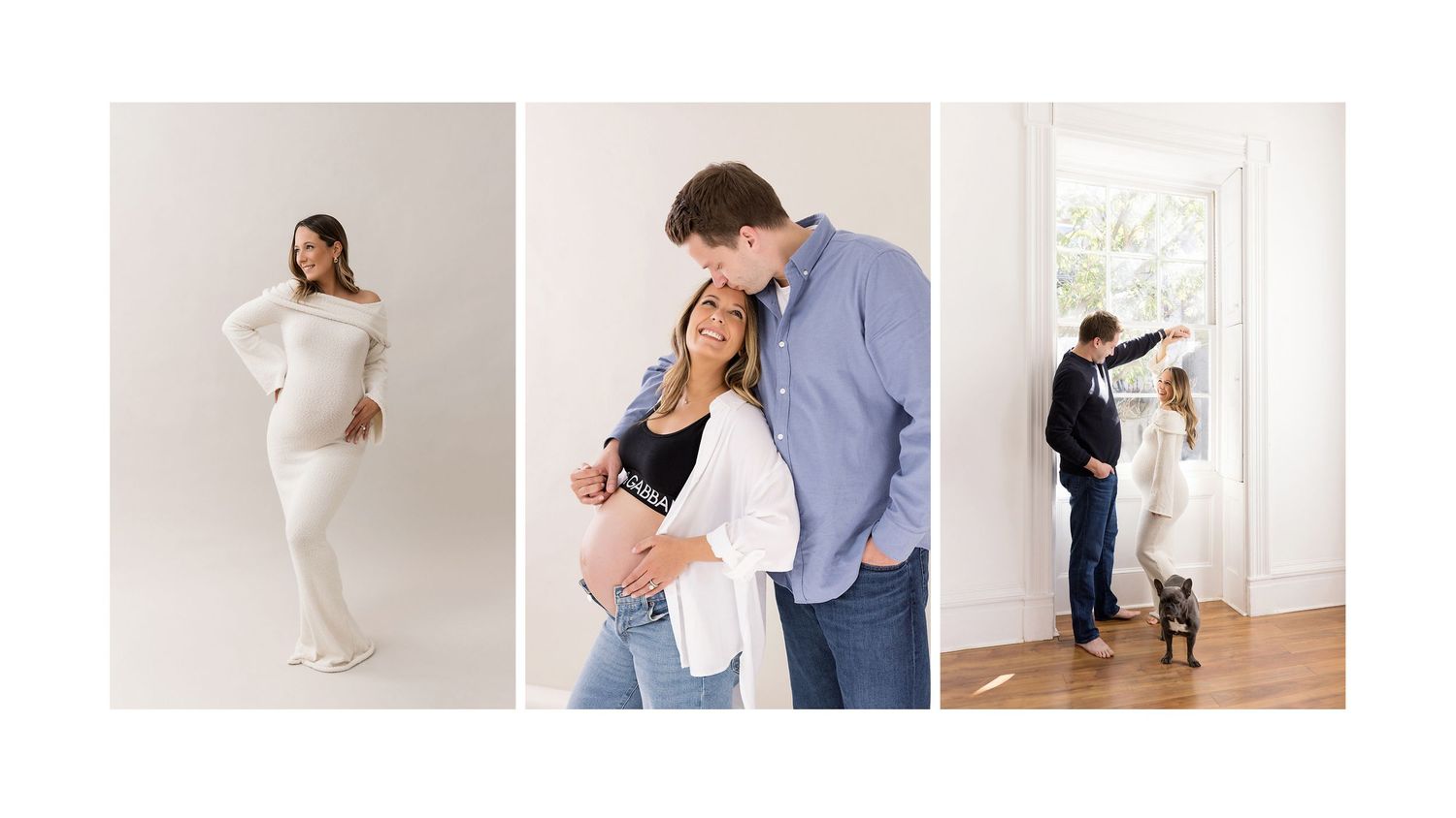 Black and white maternity photo triptych featuring a pregnant woman solo, with partner, and a couple in a doorway.