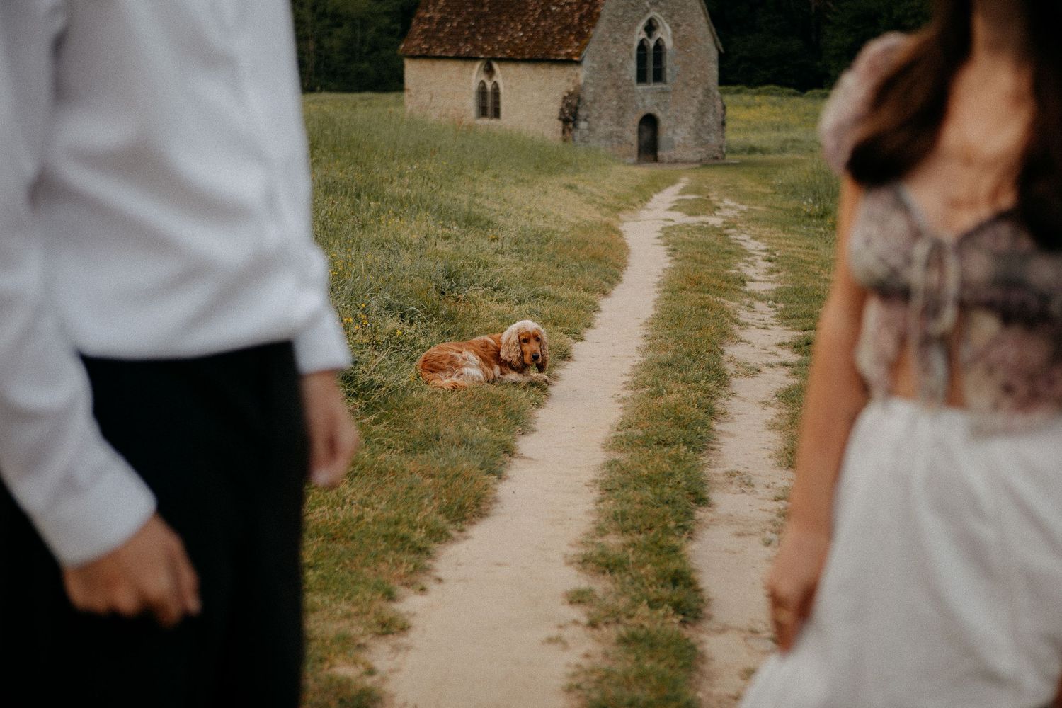 A golden retriever rests on a dirt path between a couple with a historic stone chapel in the background.