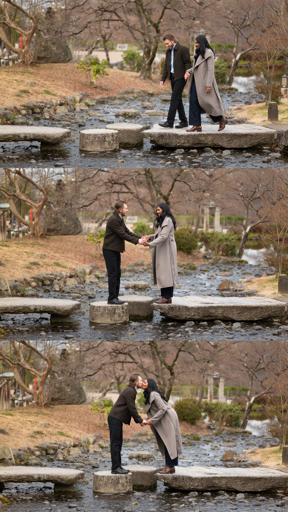 Three-panel collage of a marriage proposal on stepping stones over a stream in a Japanese garden.