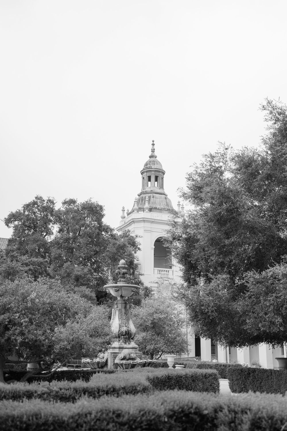 Black and white photo of ornate building tower rising above lush garden trees with decorative stone fountain in foreground.