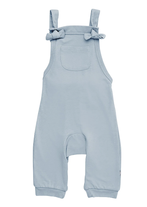 Light blue baby overalls with tie straps, front pocket, and ribbed cuffs, displayed flat on white background.