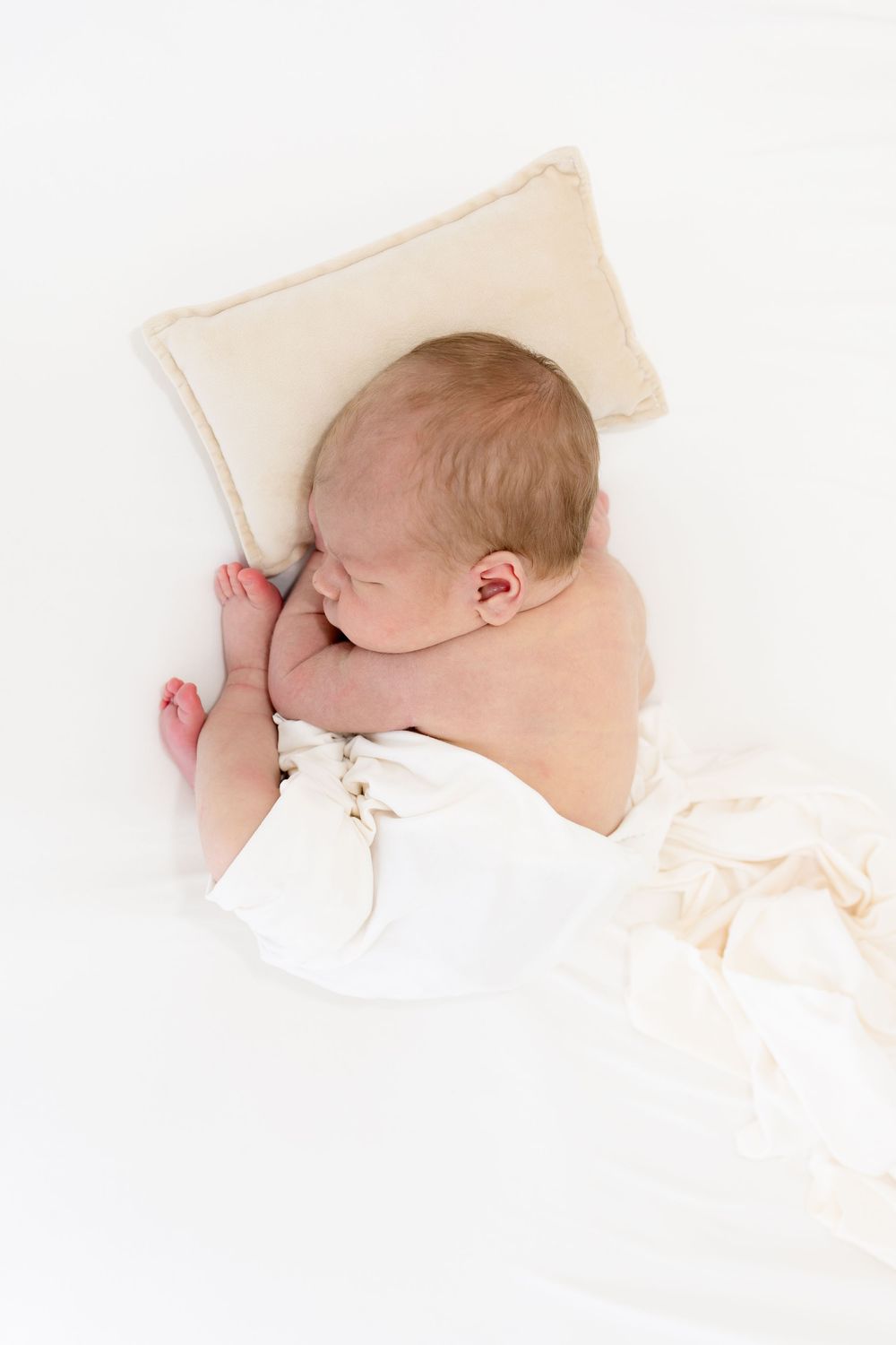 Newborn baby sleeping peacefully on a small pillow, wrapped in a white blanket on a white background.