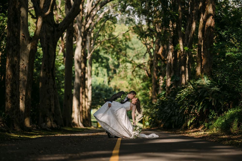 Bride and groom share a romantic dip kiss on a scenic tree-lined road in wedding attire.