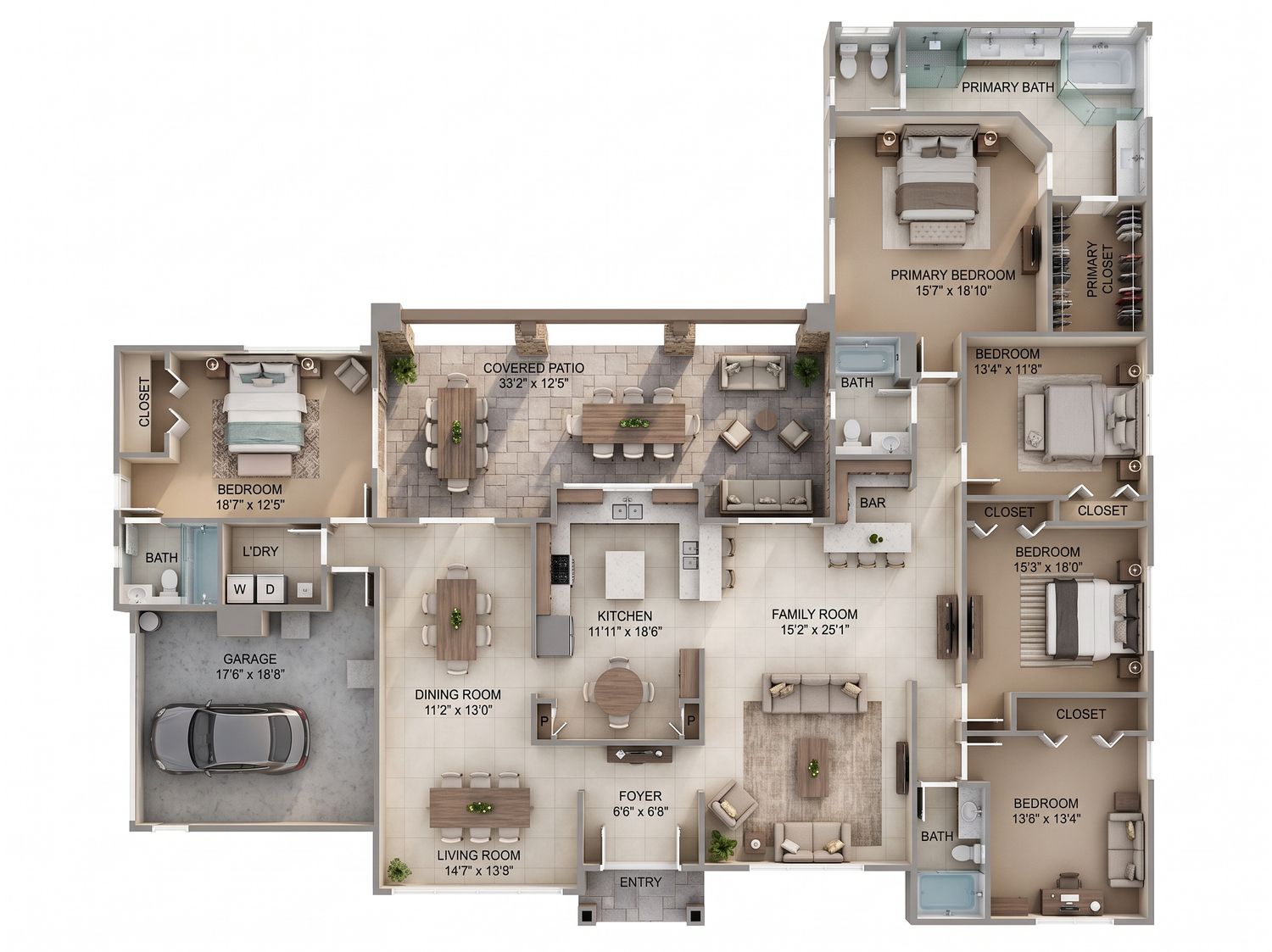 3D floor plan rendering showing a spacious home layout with multiple bedrooms, family room, kitchen, dining, and garage.