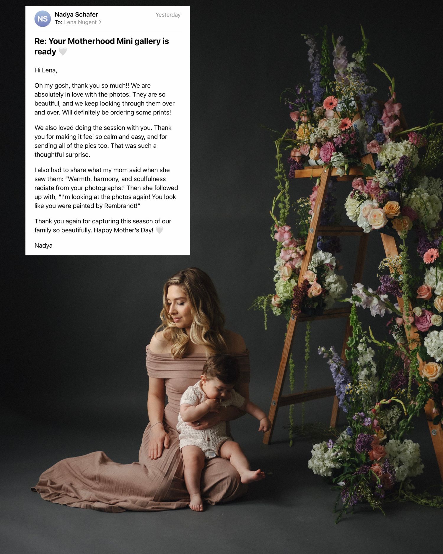 Mother in golden gown poses with newborn baby amid lush floral backdrop in elegant motherhood portrait photography.