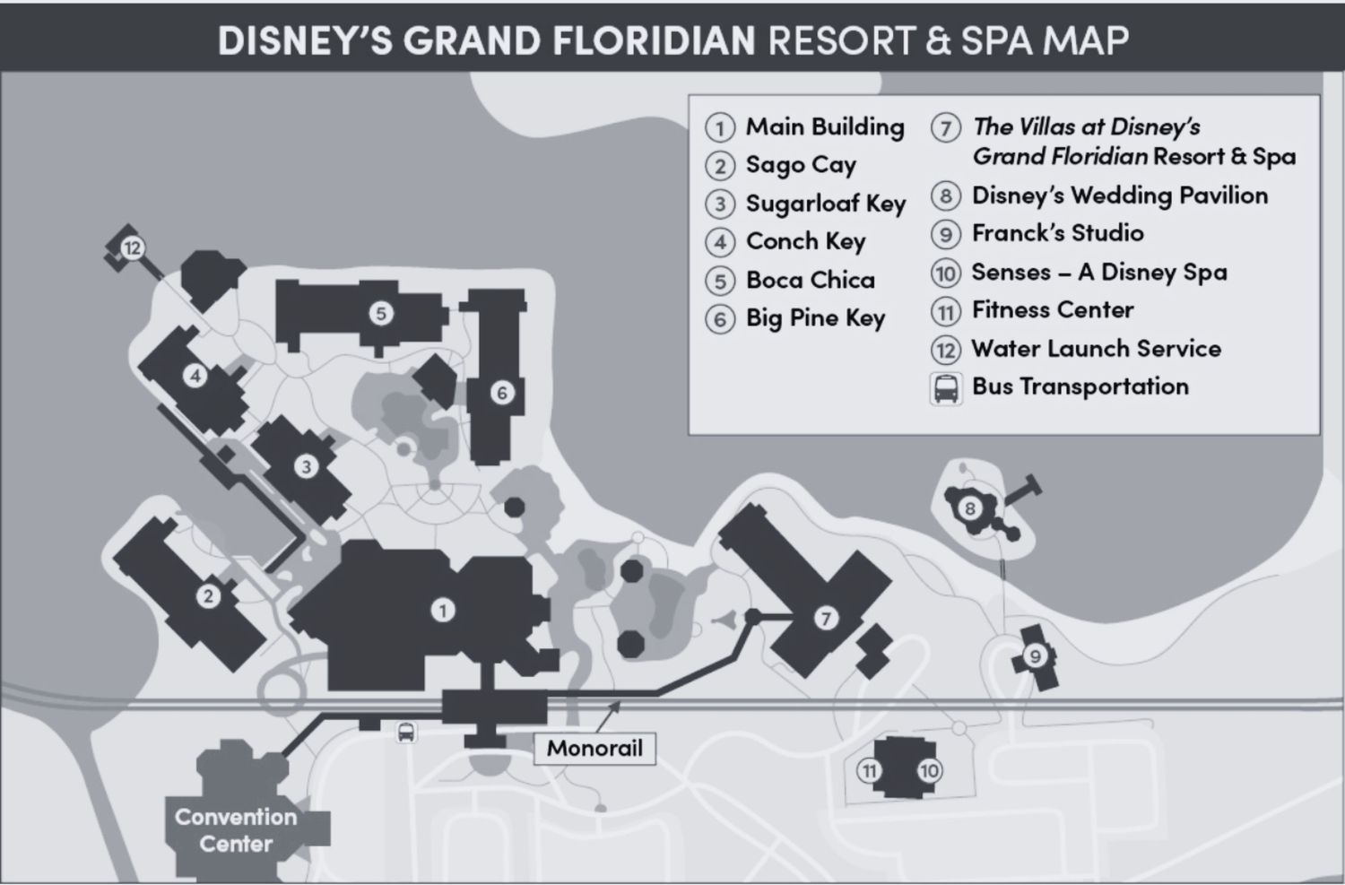 Detailed overhead map layout of Disney's Grand Floridian Resort & Spa showing amenities and locations.
