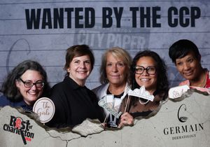 Five women smile together at the Wanted by the CCP Best of Charleston photo booth event.