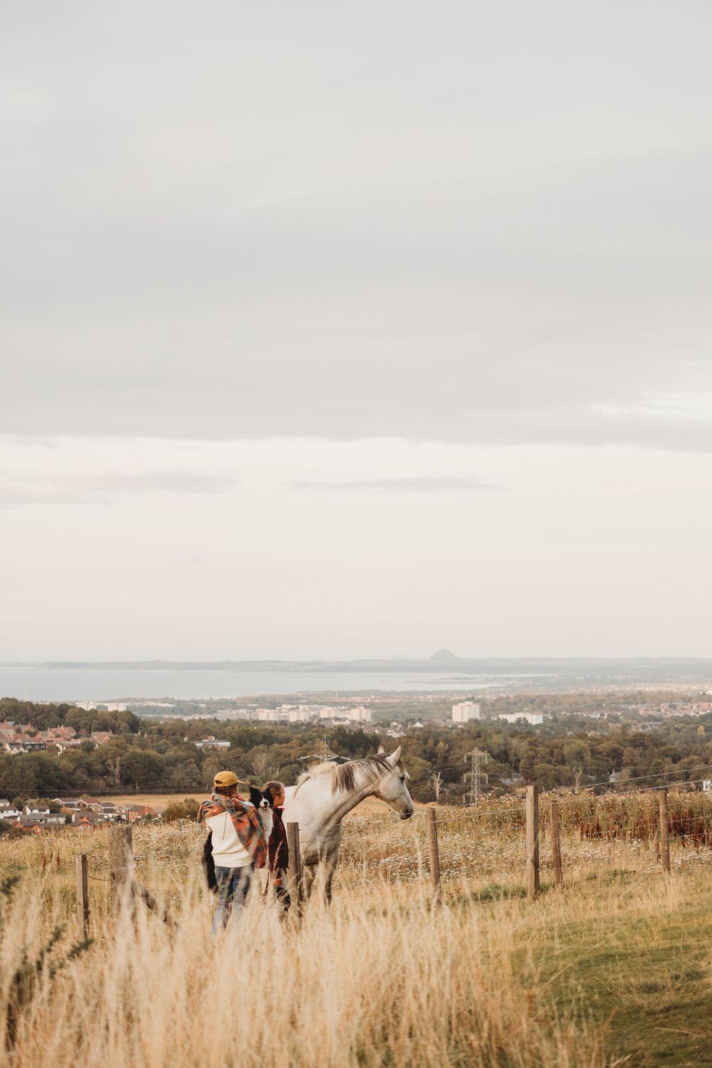 Two people walking a white horse through golden grasslands with a panoramic coastal town view under overcast skies.