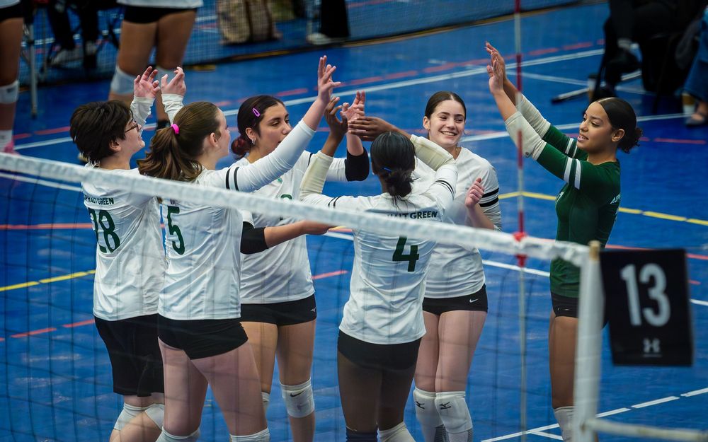 Asphalt Green VB Club players celebrate at the net, May Madness at Spooky Nook by Deanna Fox, SportsFox Photography based in Hershey PA