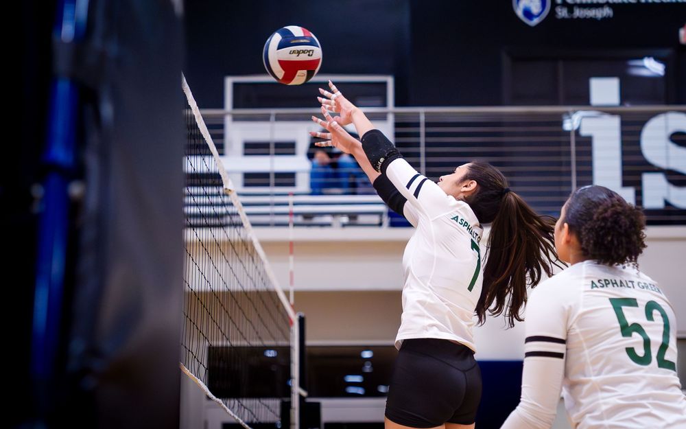 Asphalt Green VB Club players battle at the net at May Madness, Spooky Nook by Deanna Fox, SportsFox Photography based in Hershey PA