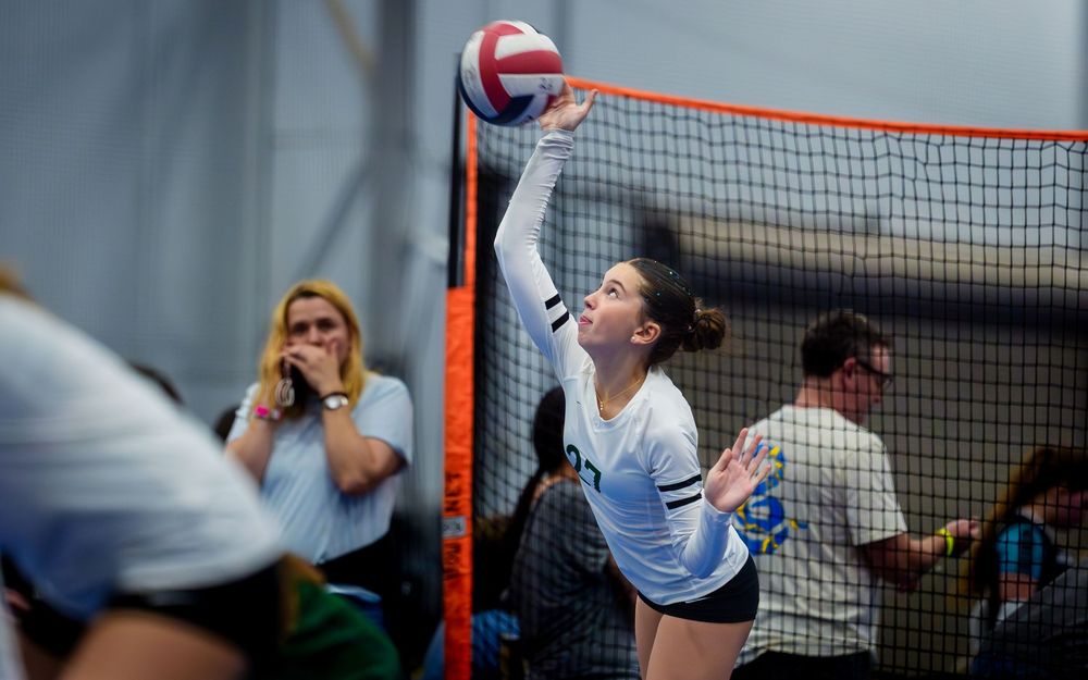 Asphalt Green VB Club player sets at the net during May Madness at Spooky Nook by Deanna Fox, SportsFox Photography based in Hershey PA