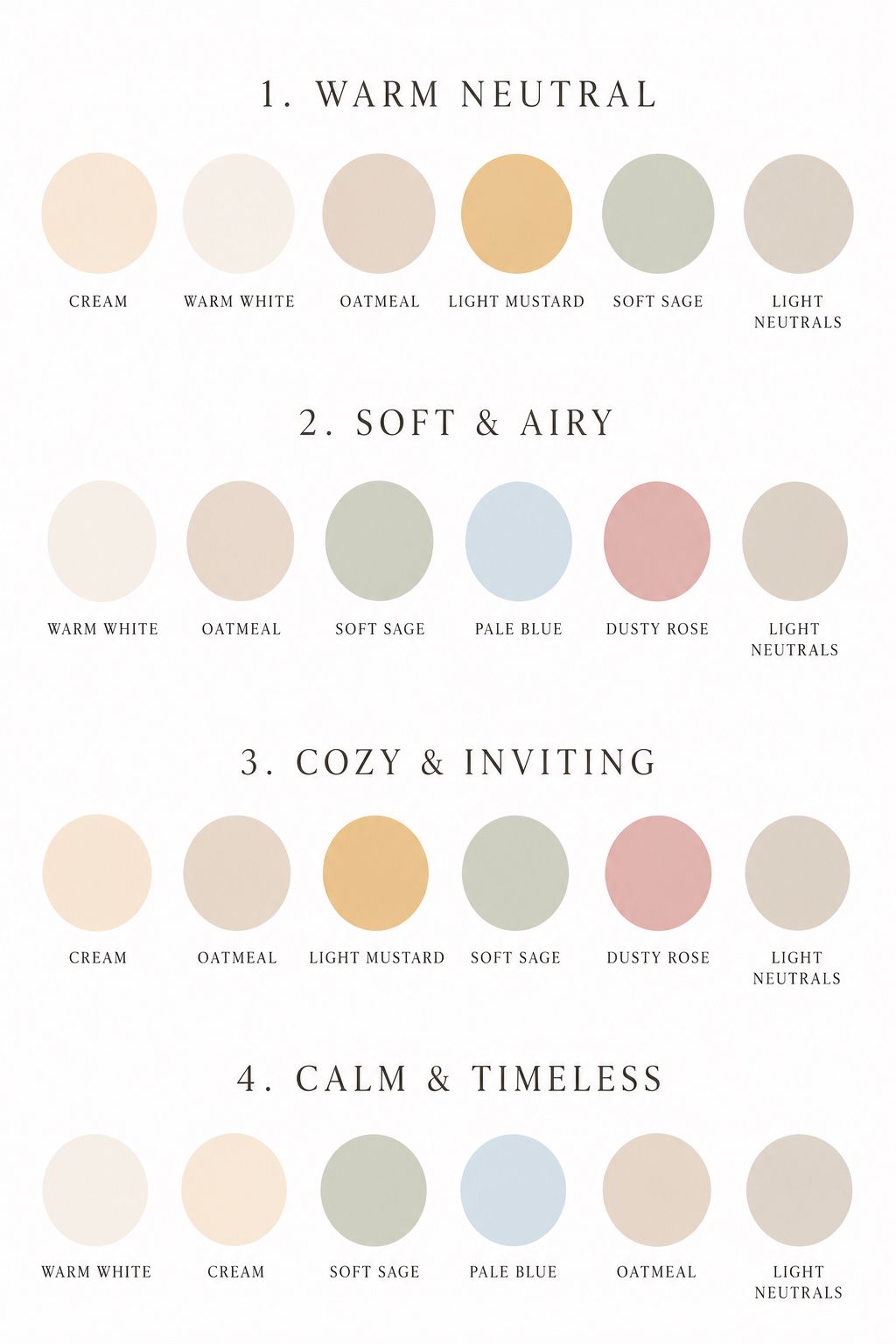Color palette guide featuring four schemes: Warm Neutral, Soft & Airy, Cozy & Inviting, and Calm & Timeless with pastel swatches.