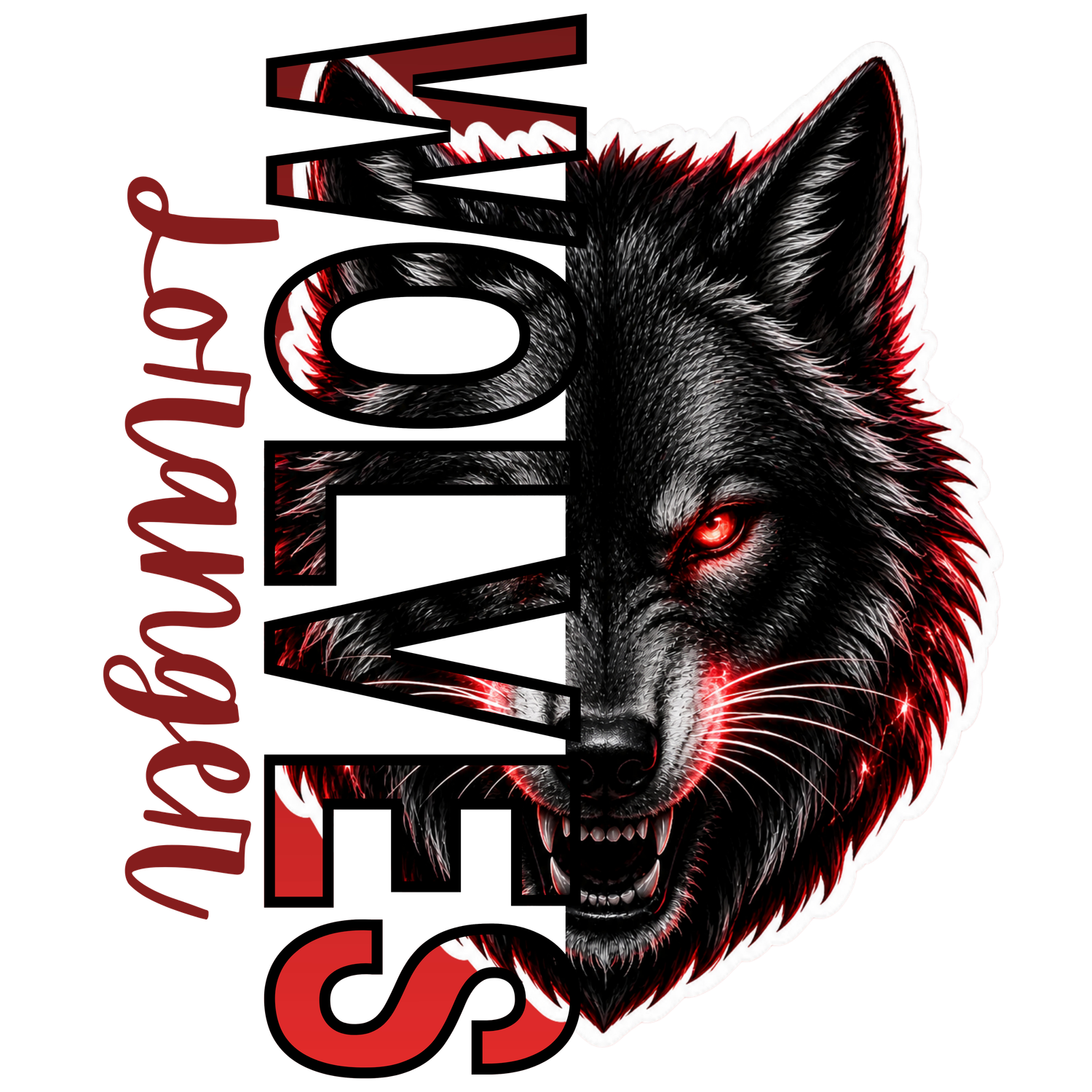 Fierce black wolf mascot logo with red eyes for the Wolves LoHanger team on white background.