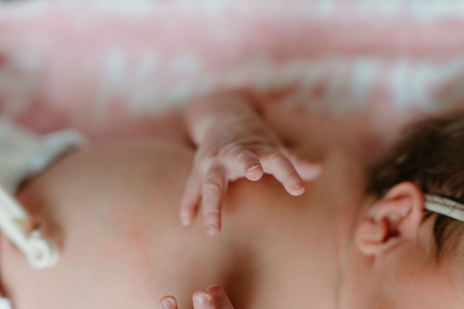 Close-up of a sleeping newborn baby's tiny hand and fingers resting on pink blanket.