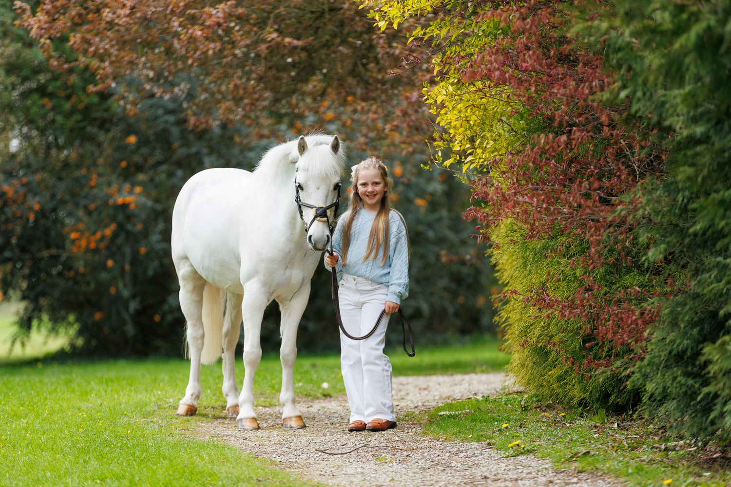 Woman with a paint horse among daffodils by a wooden fence in a lush green countryside setting.