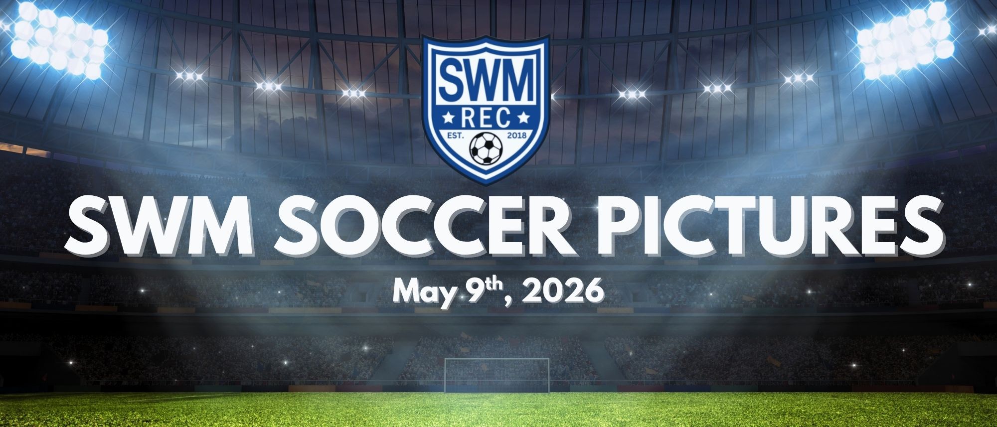 SWM Rec Pictures banner with stadium lights and scheduling information.