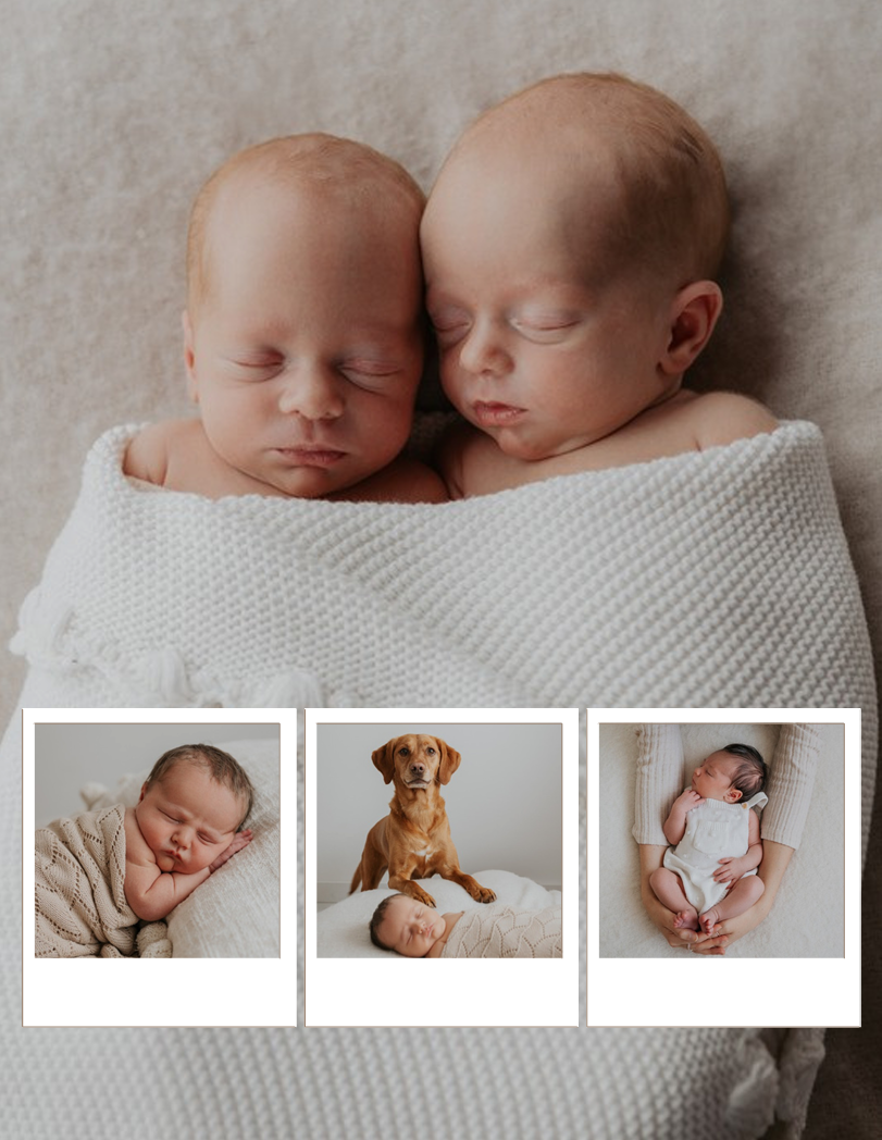 Photograph of a new born baby and new born twins in a Cornwall home studio with Cornwall new born photographer.