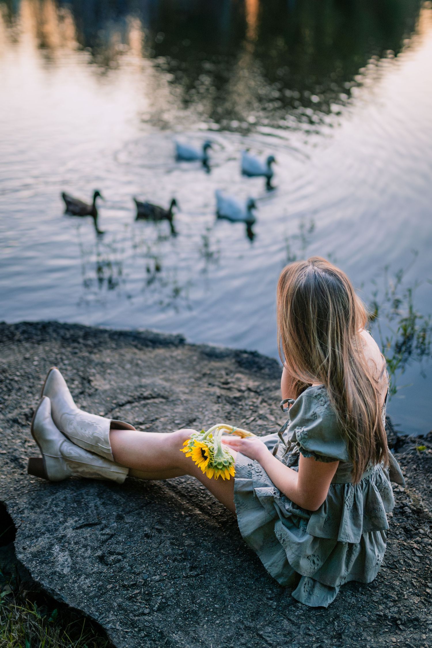 Girl in ruffled dress sitting on rock by pond with ducks swimming in background.