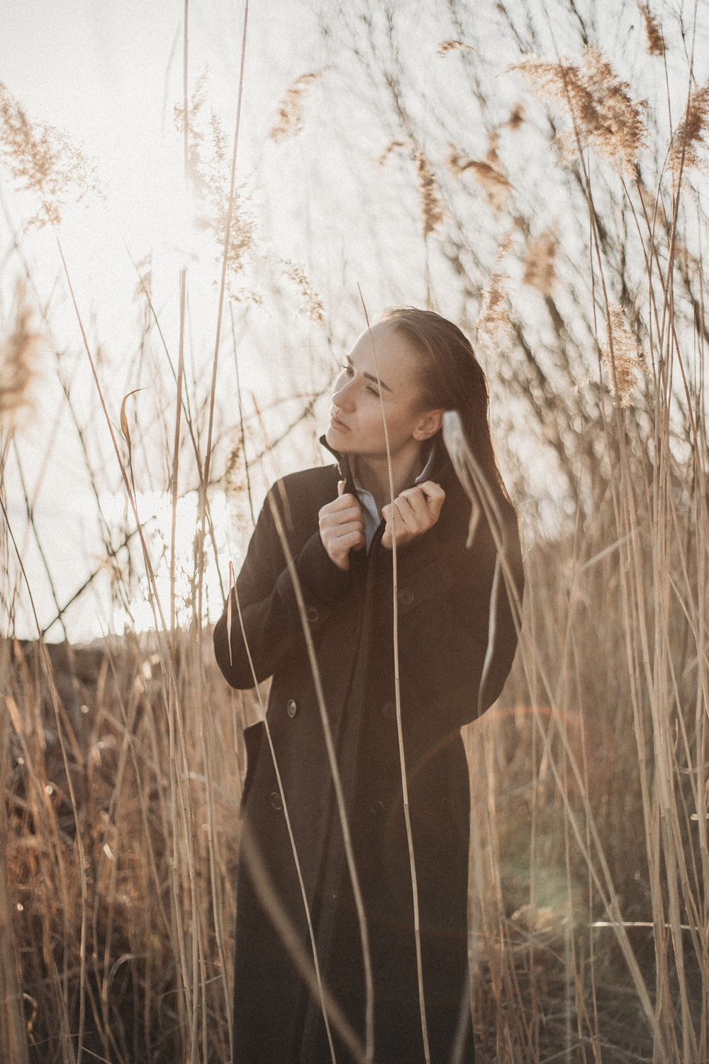 Outdoor portrait sequence in golden light among tall dried reeds.