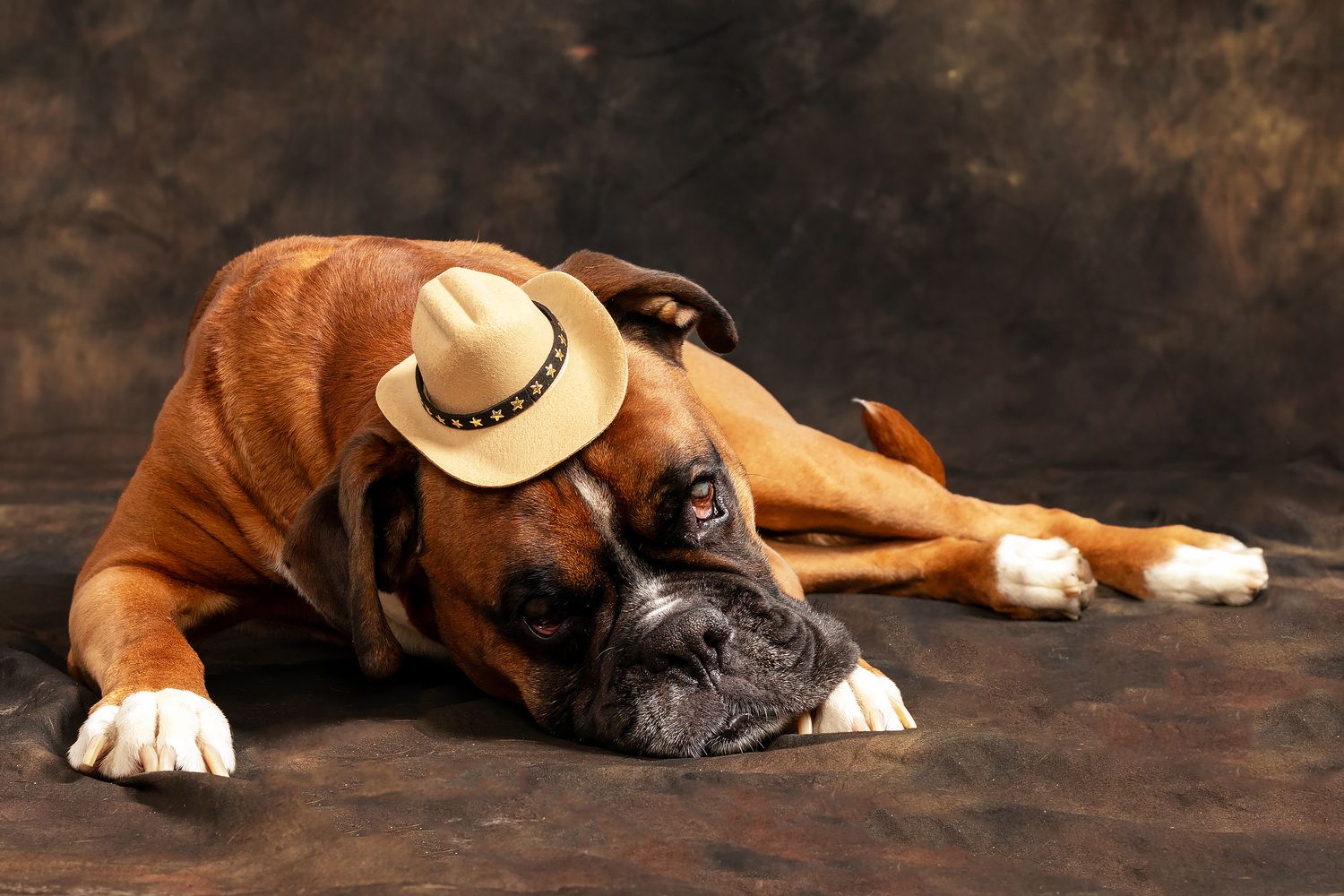 Boxer dog lounging on brown backdrop wearing small cowboy hat.