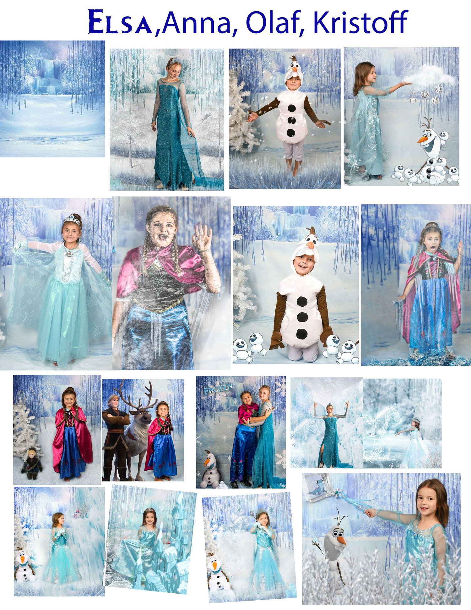 Collage of children in Frozen costumes as Elsa, Anna, Olaf, and Kristoff in winter wonderland photo settings.
