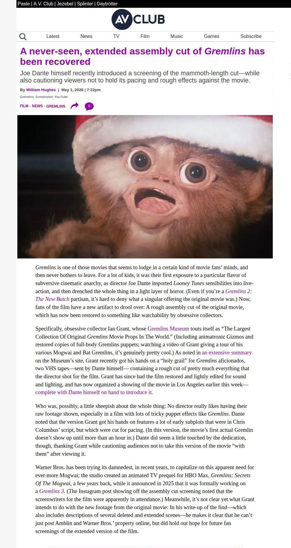 AV Club website coverage of the Gremlins Rough Cut
