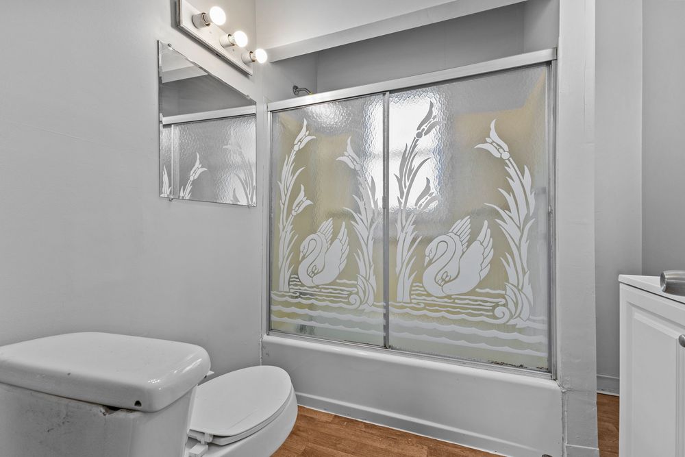Bathroom with toilet, decorative etched glass swan shower doors on bathtub, and vanity mirror with lighting.