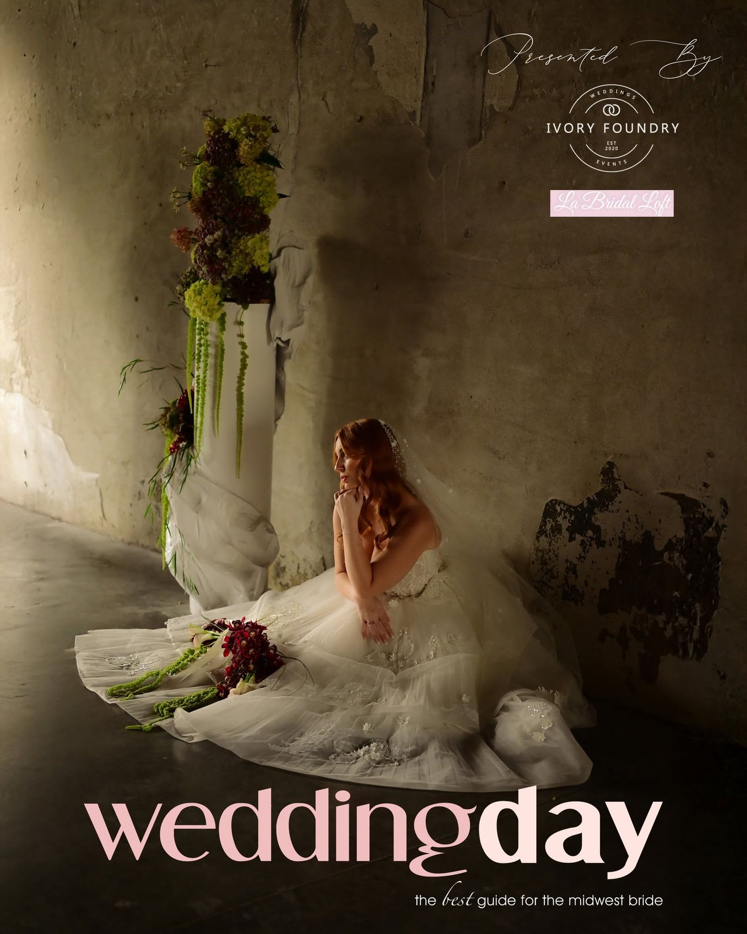 Bride in white gown sits on floor with floral arrangement on Wedding Day magazine cover, presented by Ivory Foundry.