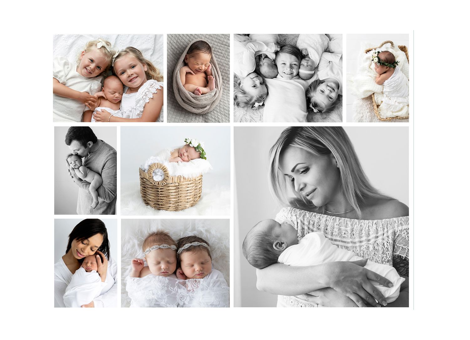 Newborn photography collage featuring sleeping babies, twins, and a mother tenderly holding her infant in soft black and white tones.