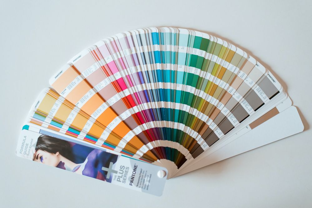 Professional color swatch fan showing rainbow spectrum of paint options.