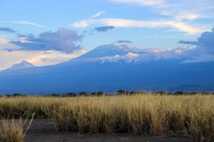 Majestic Mount Kilimanjaro rising above golden grasslands under a dramatic cloudy sky.