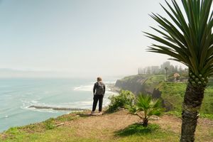 Hiker with backpack stands on coastal cliff overlooking ocean with palm trees and city skyline in the distance.