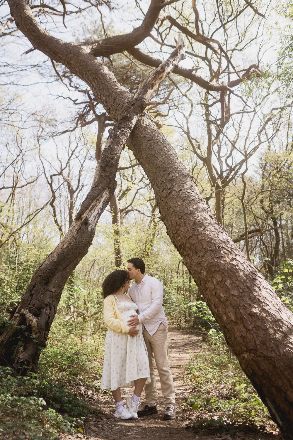 Pregnant couple embracing on a forest path under arching trees, surrounded by green foliage in natural light. Pregnancy photoshoot in Lisse.