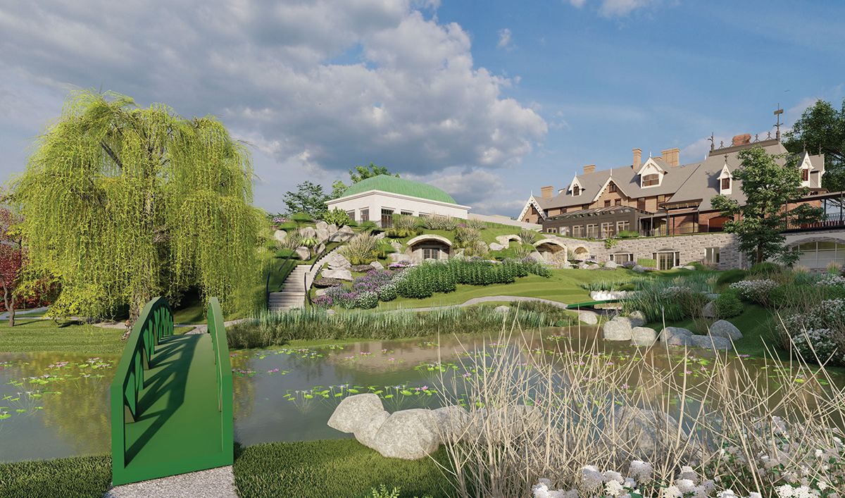 Architectural rendering of a grand Victorian-style estate with manicured gardens, warm lighting, and elegant stone facade at dusk.